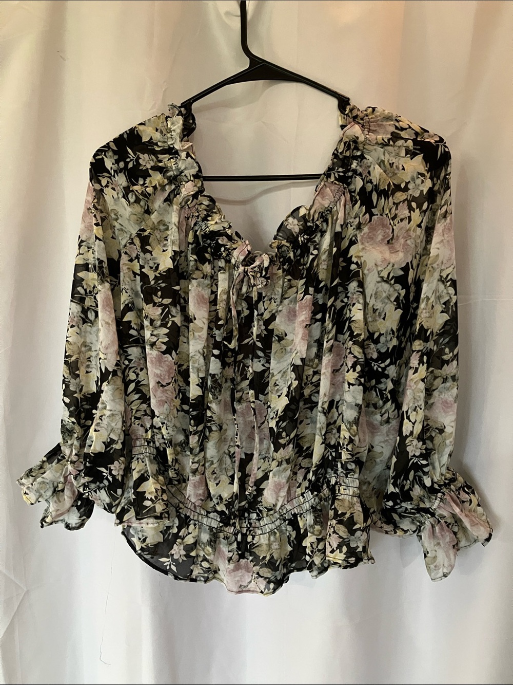 Miss Me Black Floral Peasant Blouse with Pink & Cream Blooms